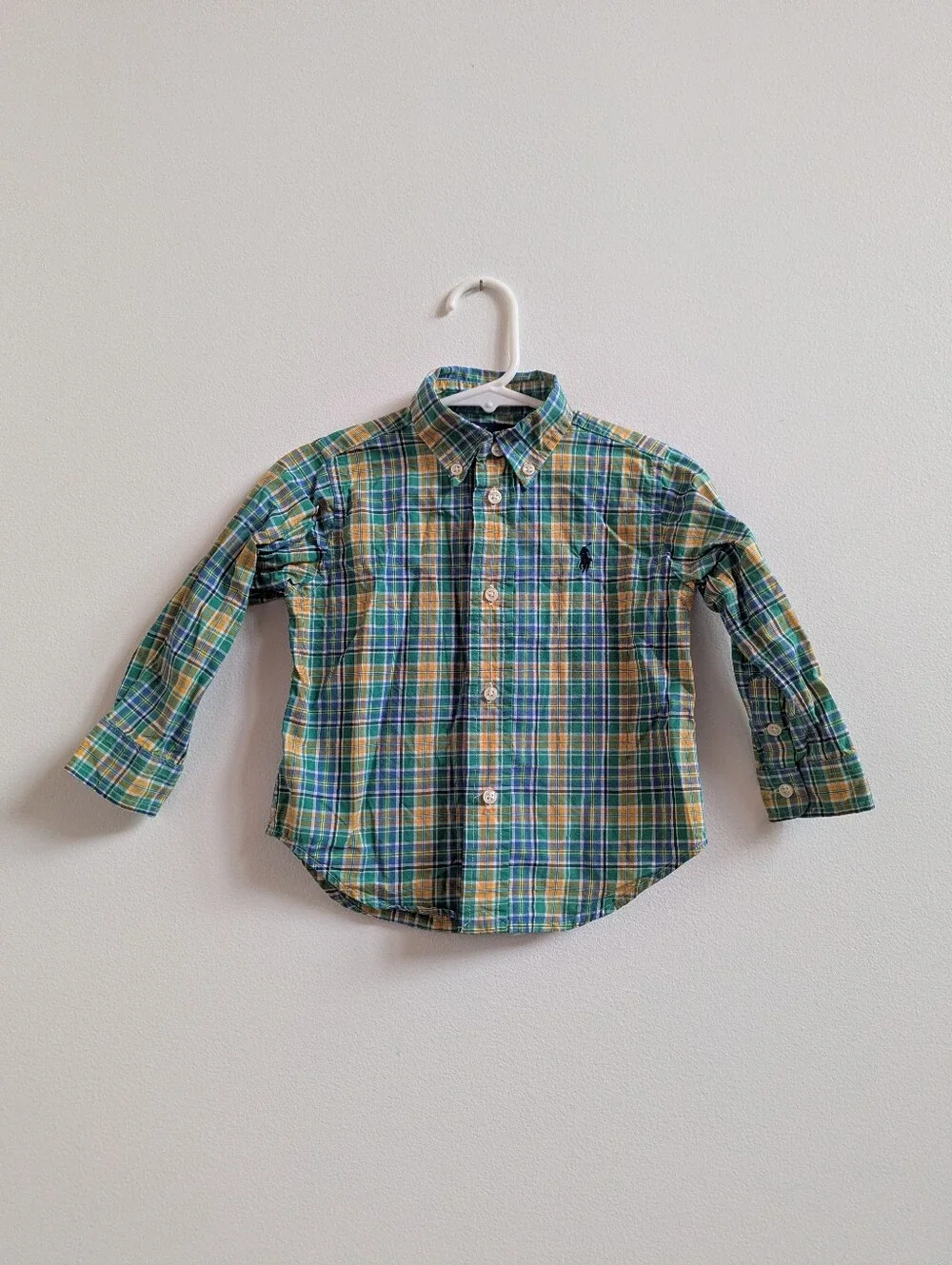 Vtg Ralph Lauren 24m Boys Button Down Long Sleeve Shirt Green Plaid Preppy